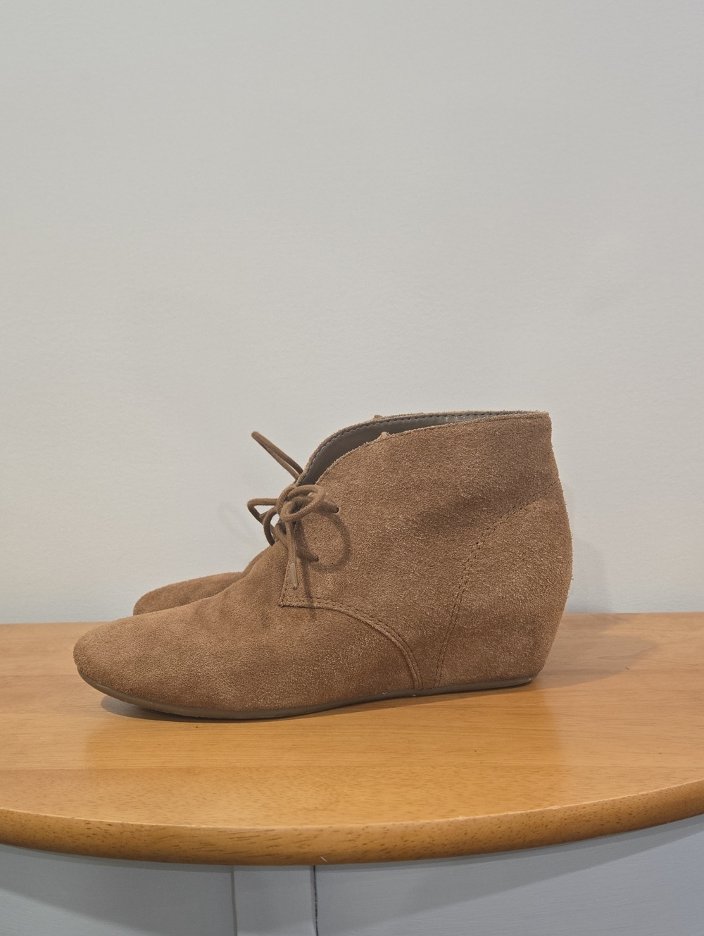 Nine West Joanis Tan Suede Lace-Up Wedge Ankle Booties